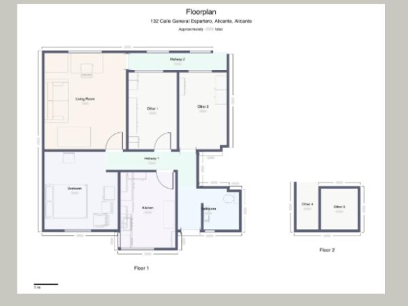 Two-story floor plan: Floor 1 shows living room, bedroom, kitchen, and two dining rooms connected by hallways; Floor 2 has two small rooms.