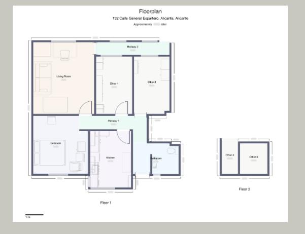 Two-story floor plan: Floor 1 shows living room, bedroom, kitchen, and two dining rooms connected by hallways; Floor 2 has two small rooms.